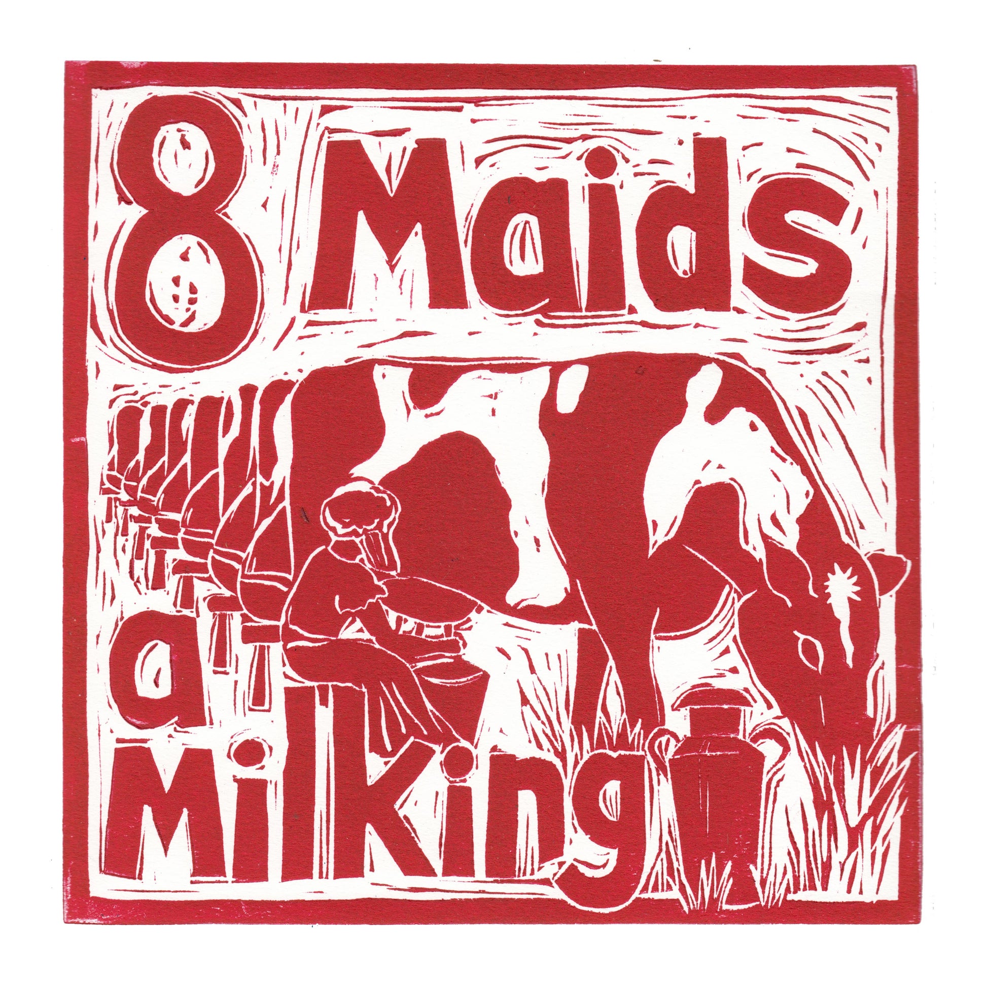 Eight Maids a Milking Greetings Card lino cut by Kate Guy