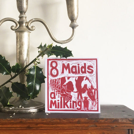 Eight Maids a Milking Greetings Card lino cut by Kate Guy