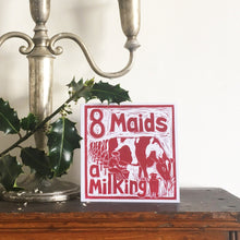 Load image into Gallery viewer, Eight Maids a Milking Greetings Card lino cut by Kate Guy
