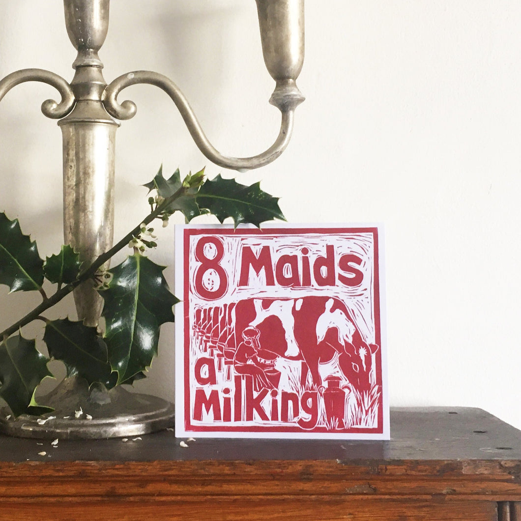 Eight Maids a Milking Greetings Card lino cut by Kate Guy