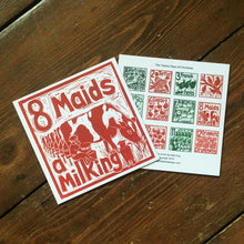 Load image into Gallery viewer, Eight Maids a Milking Greetings Card lino cut by Kate Guy
