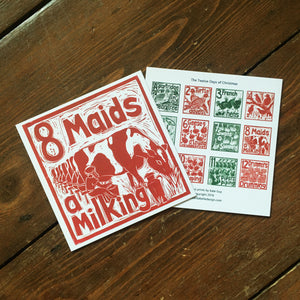 Eight Maids a Milking Greetings Card lino cut by Kate Guy