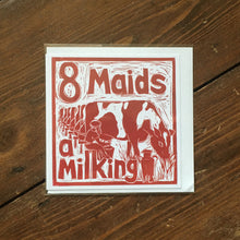 Load image into Gallery viewer, Eight Maids a Milking Greetings Card lino cut by Kate Guy
