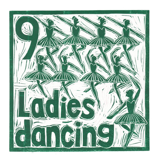 Nine Ladies Dancing Greetings Card lino cut by Kate Guy