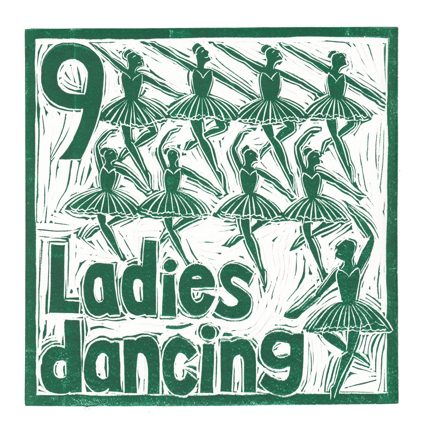 Nine Ladies Dancing Greetings Card lino cut by Kate Guy