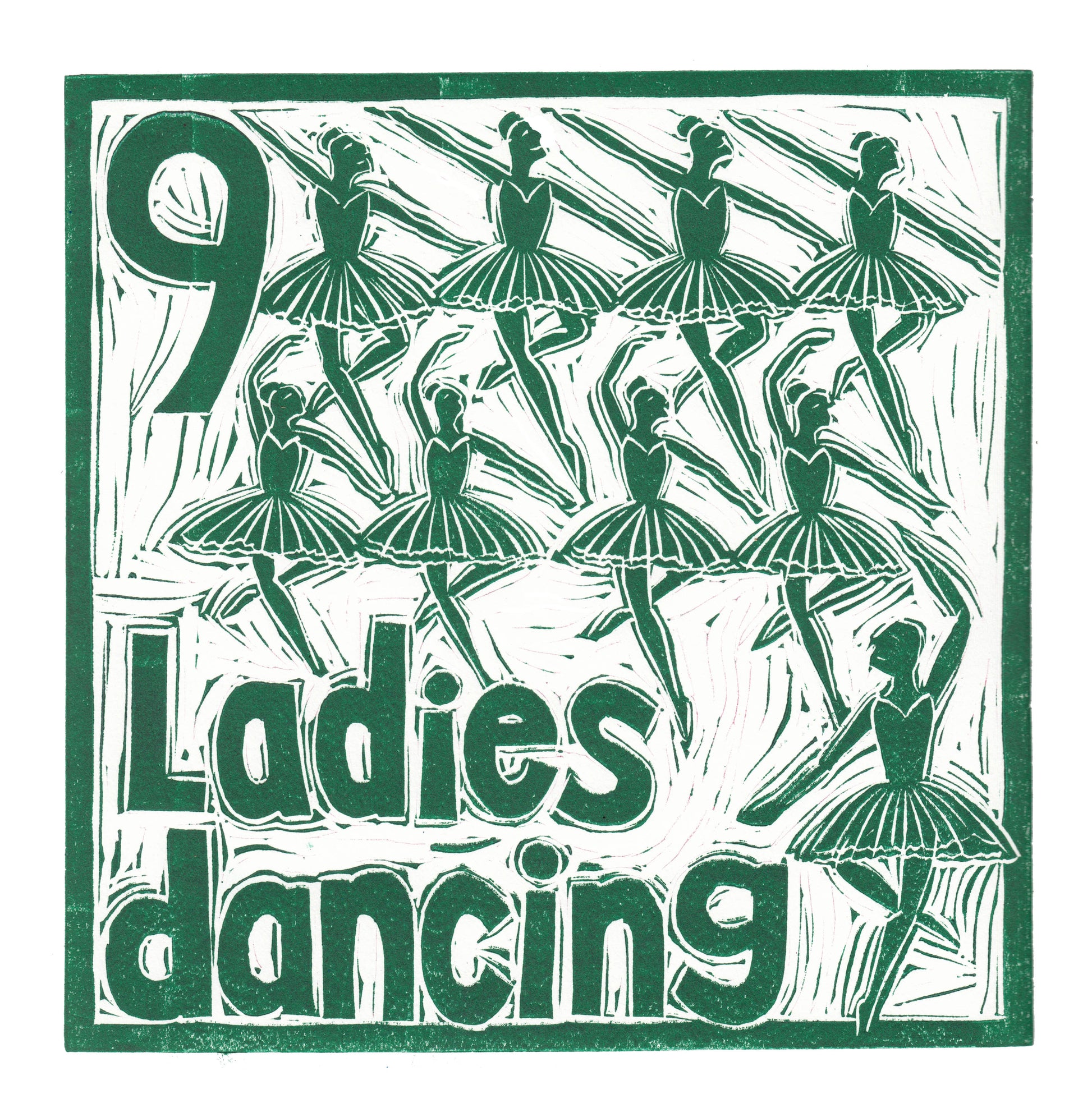 Nine Ladies Dancing Greetings Card lino cut by Kate Guy