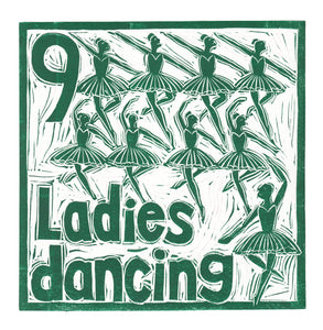 Nine Ladies Dancing Greetings Card lino cut by Kate Guy