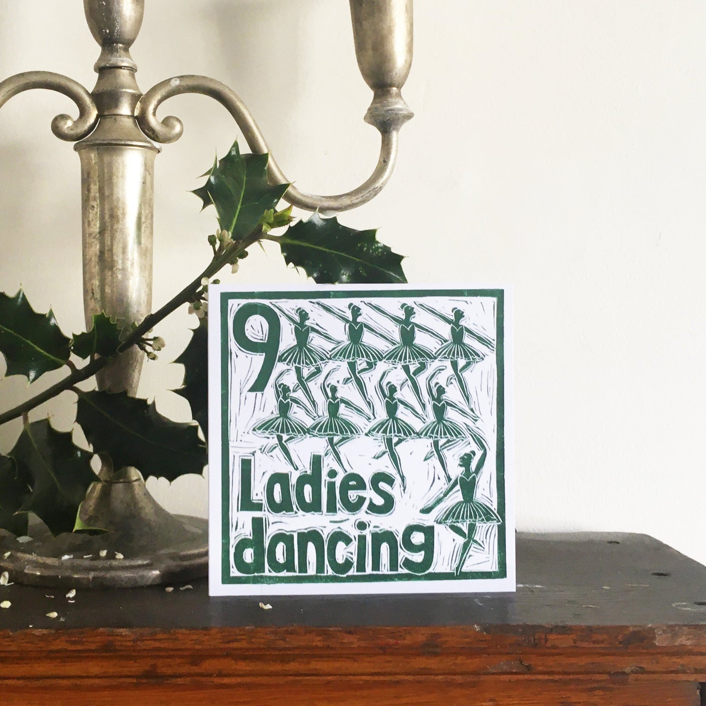 Nine Ladies Dancing Greetings Card lino cut by Kate Guy