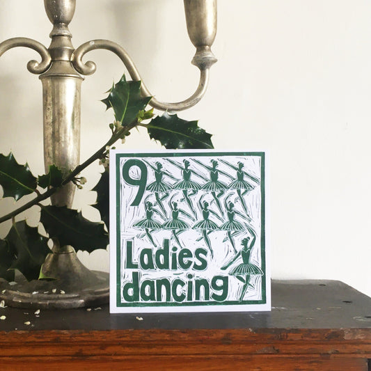 Nine Ladies Dancing Greetings Card lino cut by Kate Guy