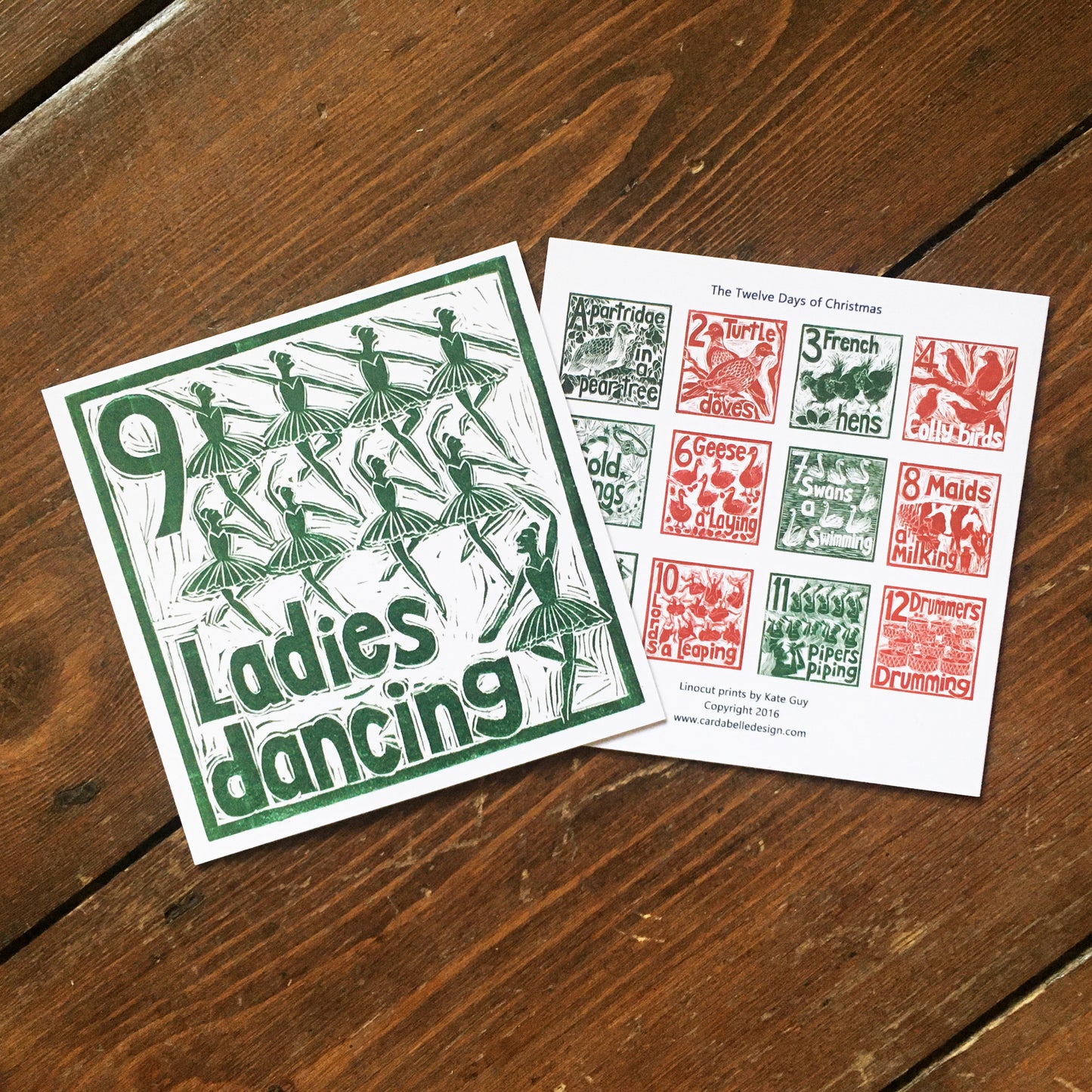 Nine Ladies Dancing Greetings Card lino cut by Kate Guy