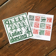 Load image into Gallery viewer, Nine Ladies Dancing Greetings Card lino cut by Kate Guy
