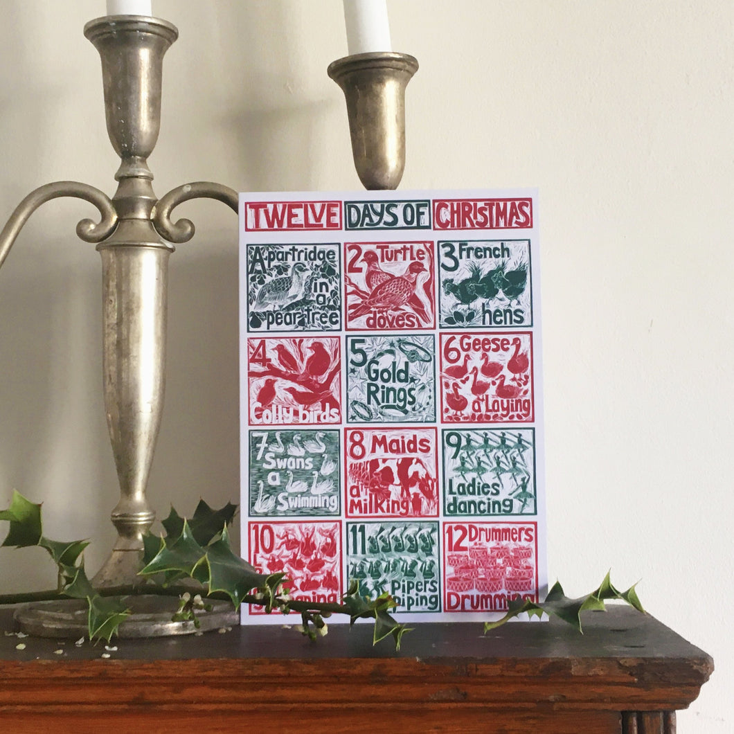 The Twelve days of Christmas Greetings Card lino cut by Kate Guy