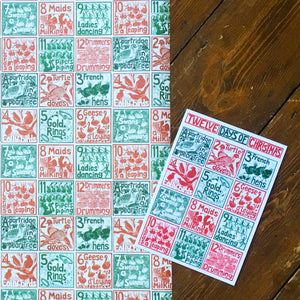 The Twelve days of Christmas Greetings Cards lino cut by Kate Guy