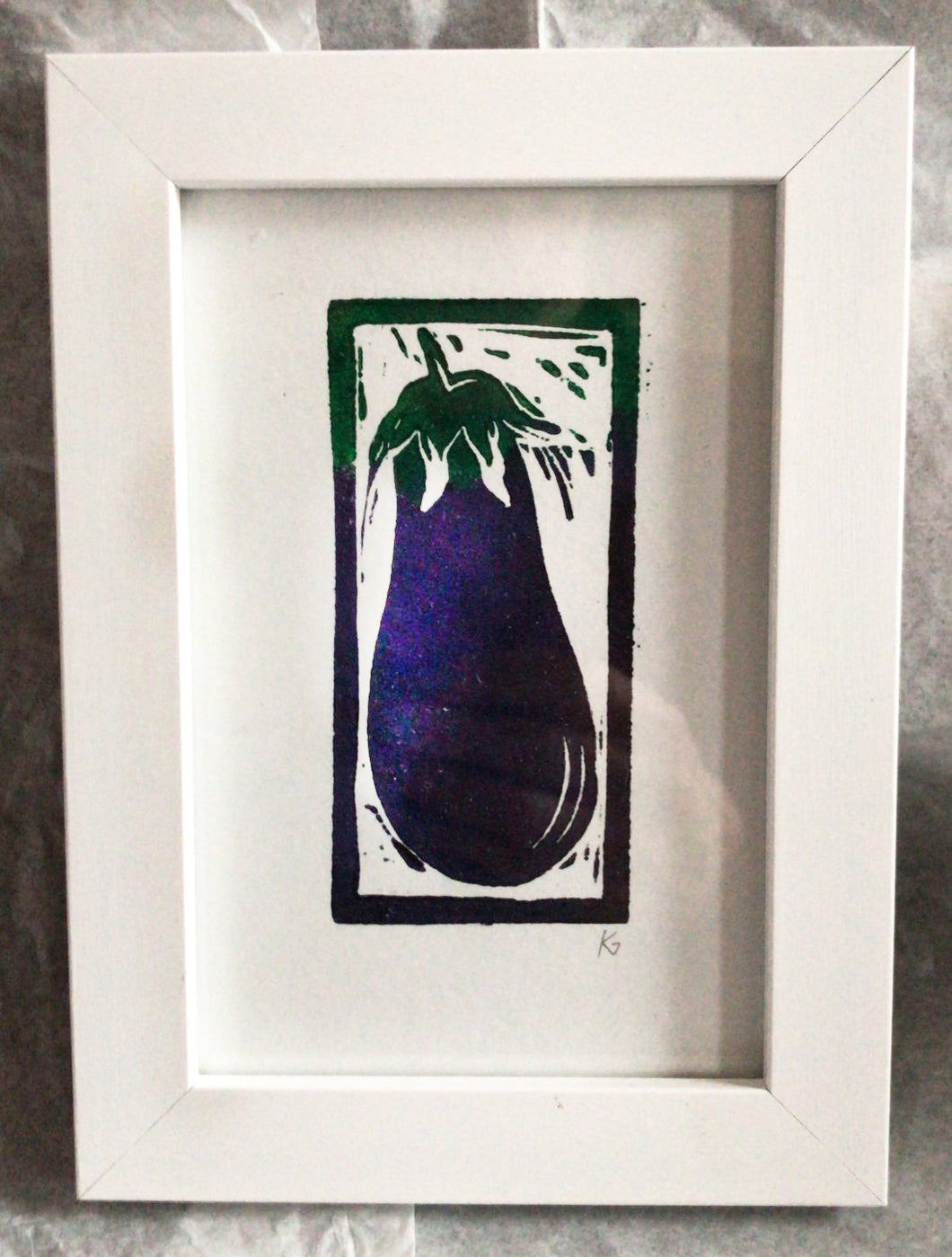 Linocut print small aubergine Ingredients prints by Kate Guy Prints