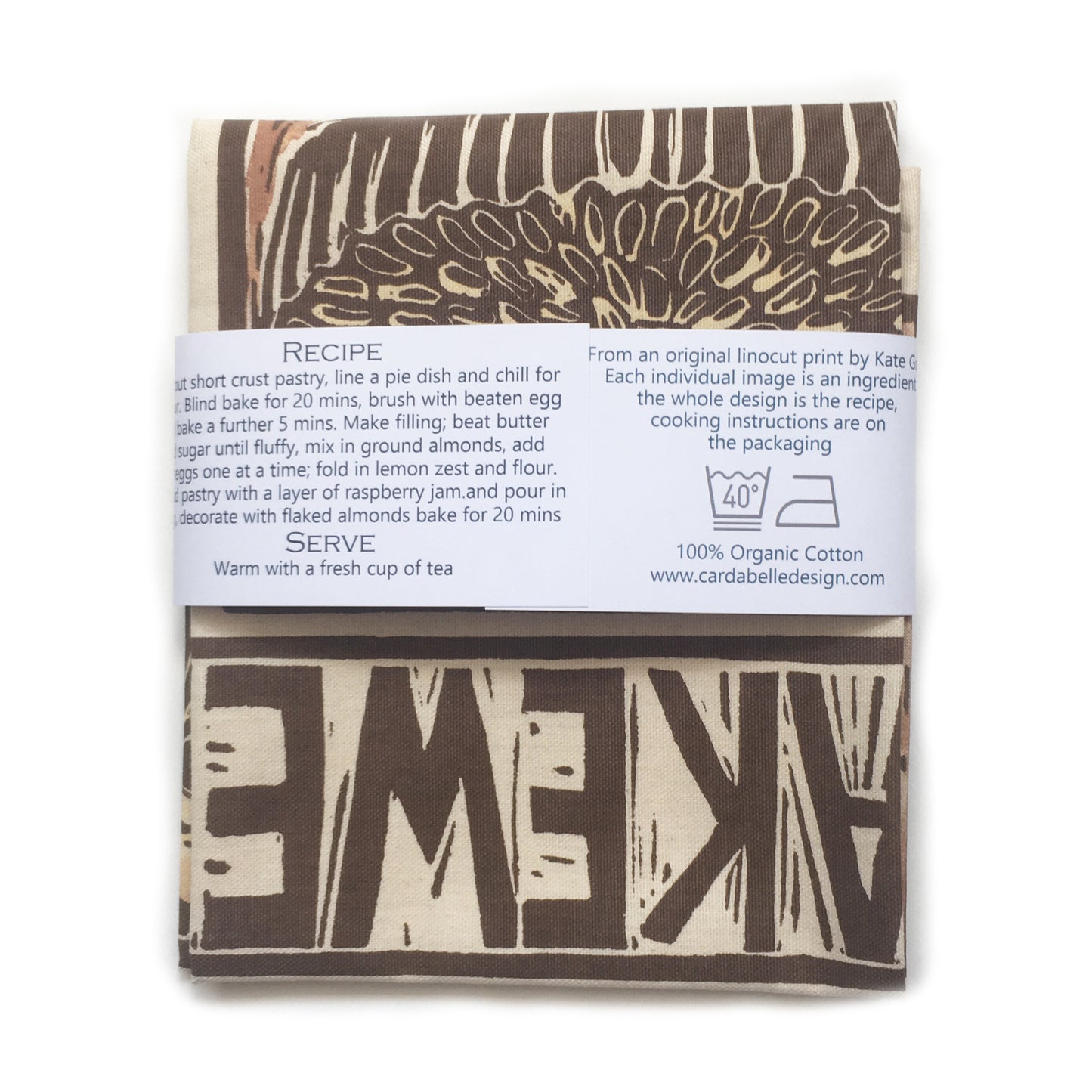 Bakewell Tart Illustrated Recipe tea towel Lino cut by Kate Guy