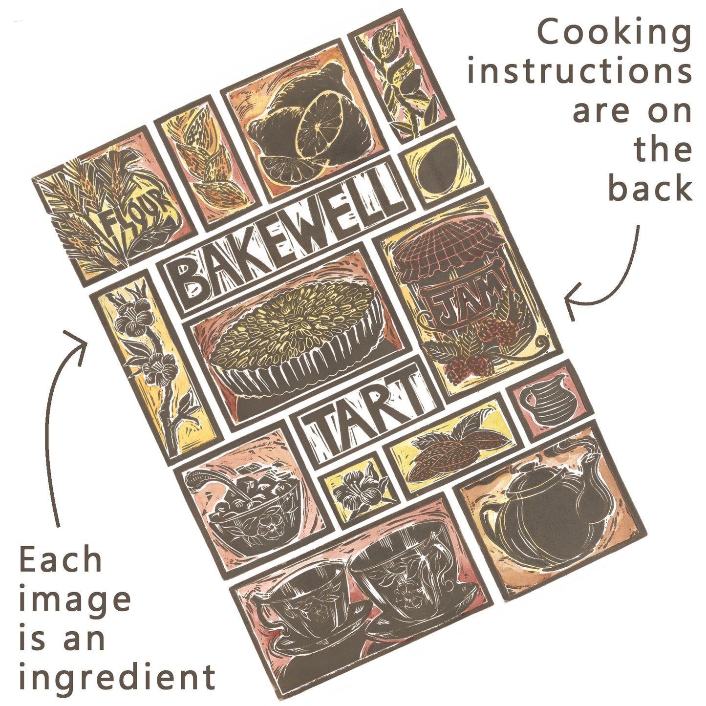 Bakewell Tart illustrated recipe greetings card. Lino cut print by Kate Guy, cooking instructions are on the back.