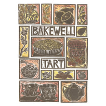 Load image into Gallery viewer, Bakewell Tart illustrated recipe greetings card. Lino cut print by Kate Guy, cooking instructions are on the back.
