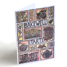 Load image into Gallery viewer, Bakewell Tart illustrated recipe greetings card. Lino cut print by Kate Guy, cooking instructions are on the back.
