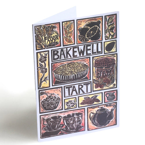 Bakewell Tart illustrated recipe greetings card. Lino cut print by Kate Guy, cooking instructions are on the back.