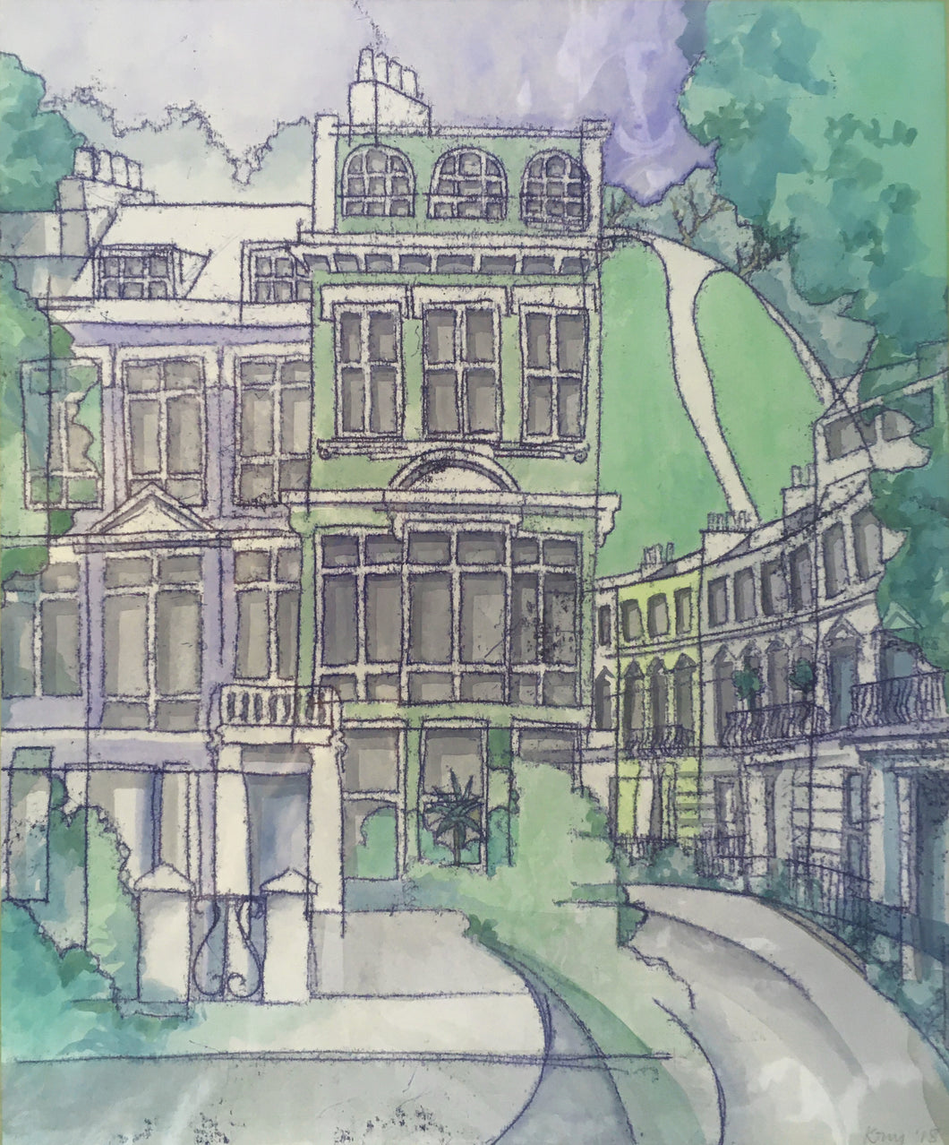 Chalcot Square and Crescent View of Primrose Hill Monotype Print