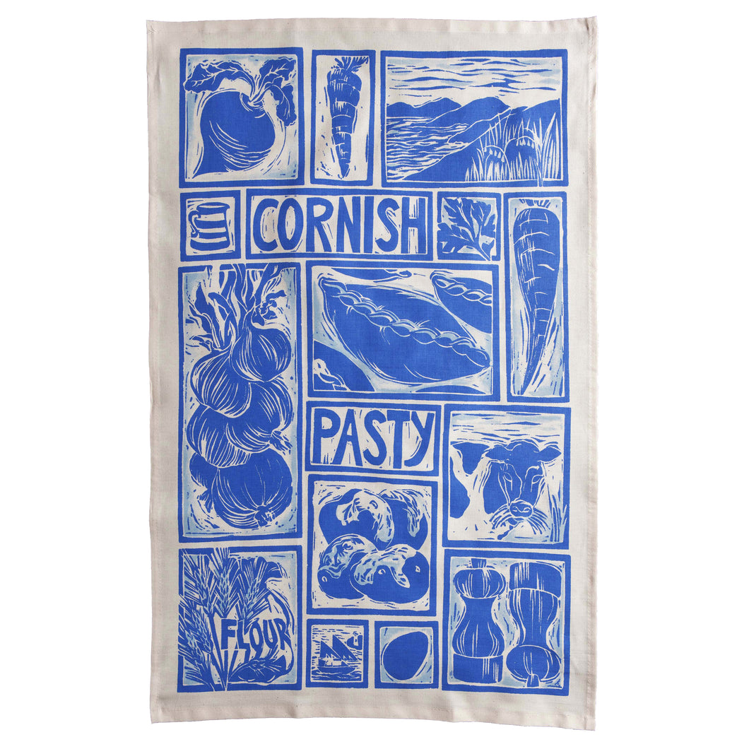 Cornish Pasty illustrated recipe tea towel Lino cut print by Kate Guy, cooking instructions are on the packaging