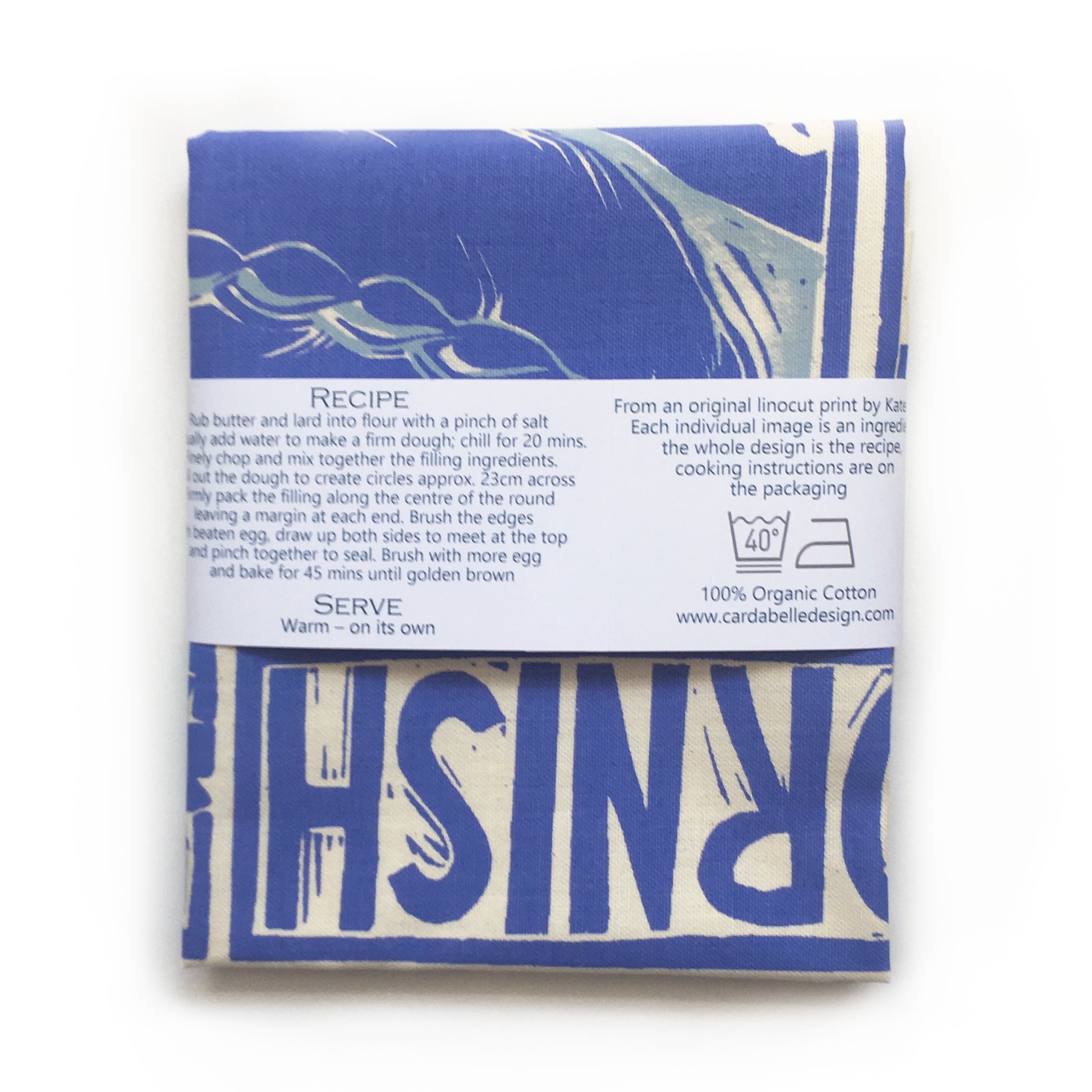 Cornish Pasty illustrated recipe tea towel Lino cut print by Kate Guy, cooking instructions are on the packaging