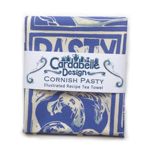 Load image into Gallery viewer, Cornish Pasty illustrated recipe tea towel Lino cut print by Kate Guy, cooking instructions are on the packaging

