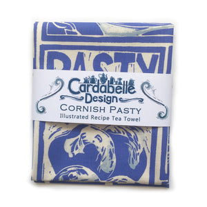Cornish Pasty illustrated recipe tea towel Lino cut print by Kate Guy, cooking instructions are on the packaging