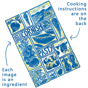 Cornish Pasty illustrated recipe greetings card. Lino cut print by Kate Guy, cooking instructions are on the back.