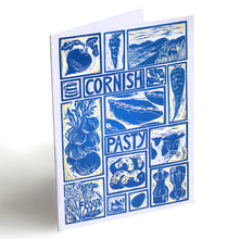 Load image into Gallery viewer, Cornish Pasty illustrated recipe greetings card. Lino cut print by Kate Guy, each image is an ingredient cooking instructions are on the back.
