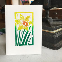 Load image into Gallery viewer, Hand Printed Greetings Card Linocut Daffodils by Kate Guy Prints
