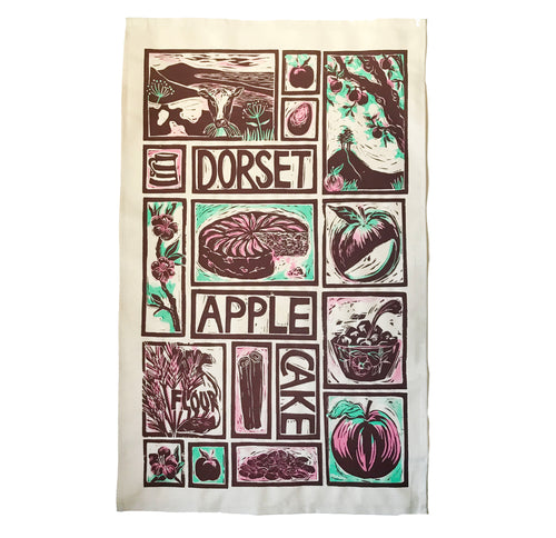 Dorset Apple Cake illustrated recipe tea towel linocut by Kate Guy