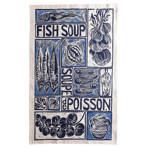 Fish Soup illustrated recipe gift set with tea towel adult apron and double oven glove with large pocket, comes with cooking instructions. lino cut print by Kate Guy