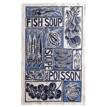 Load image into Gallery viewer, Fish Soup illustrated recipe organic cotton tea towel with cooking instructions on the pack. Original lino cut print by Kate Guy
