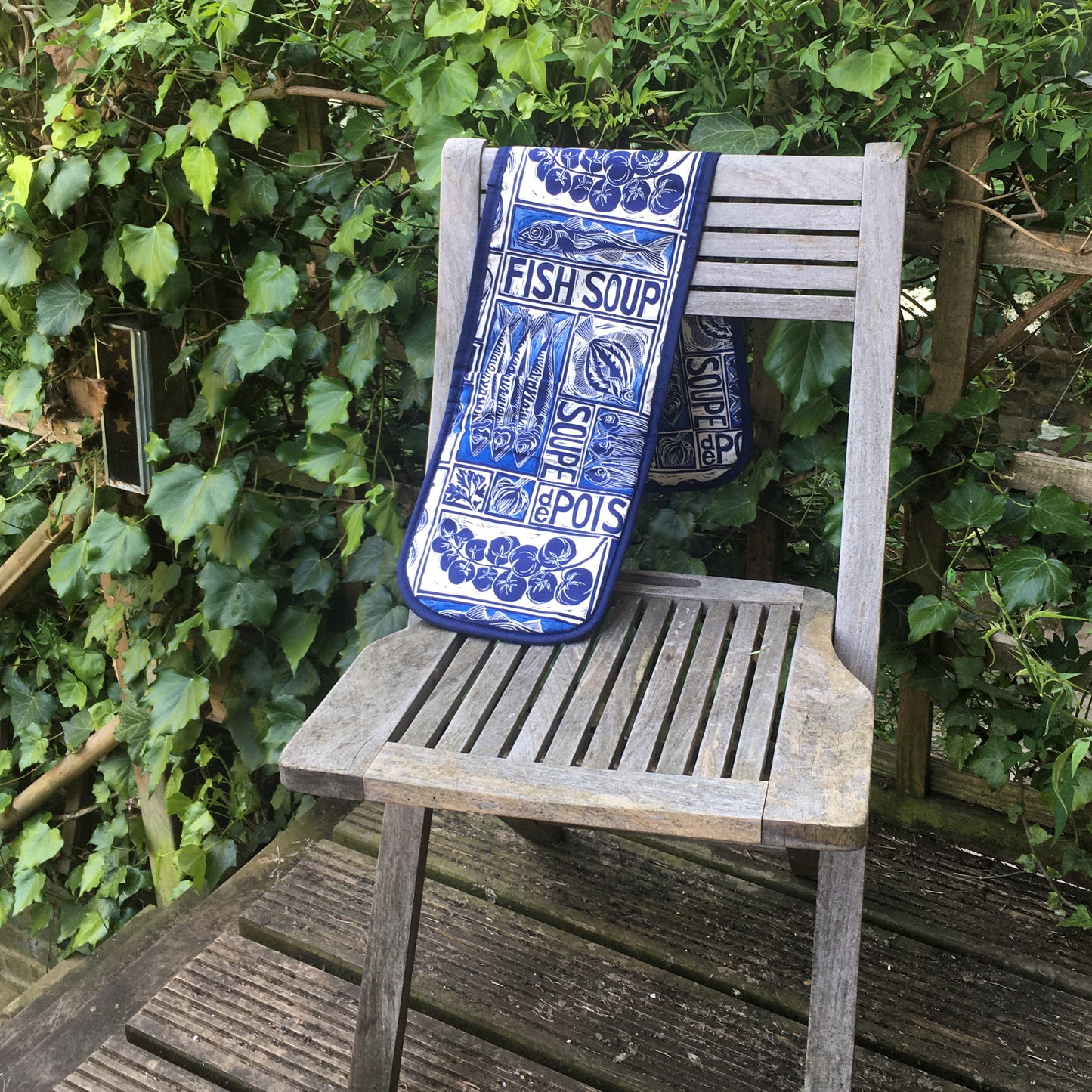 Fish Soup illustrated recipe double oven glove, comes with cooking instructions. lino cut print by Kate Guy