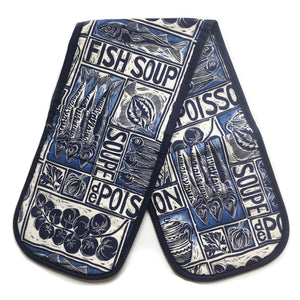 Fish Soup illustrated recipe double oven glove, comes with cooking instructions. lino cut print by Kate Guy