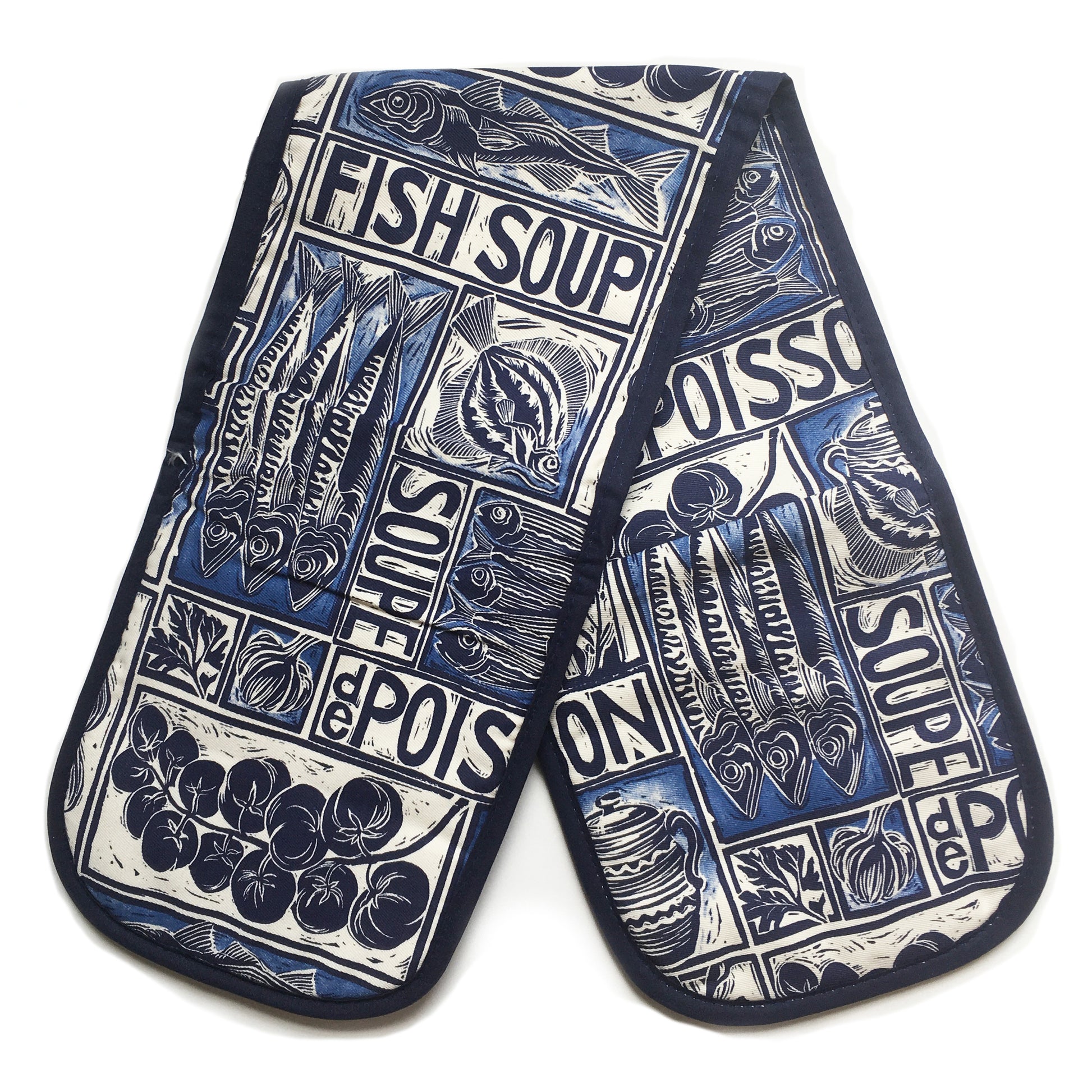 Fish Soup illustrated recipe gift set with tea towel adult apron and double oven glove with large pocket, comes with cooking instructions. lino cut print by Kate Guy