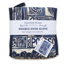 Load image into Gallery viewer, Fish Soup illustrated recipe double oven glove, comes with cooking instructions. lino cut print by Kate Guy
