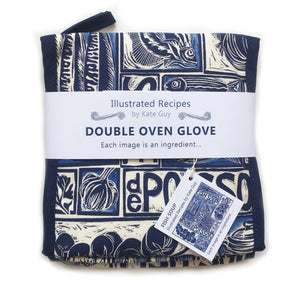 Fish Soup illustrated recipe double oven glove, comes with cooking instructions. lino cut print by Kate Guy