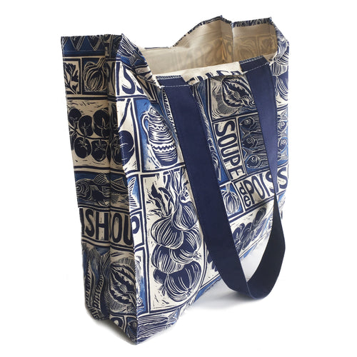 Fish Soup illustrated recipe long handled tote bag, comes with cooking instructions. lino cut print by Kate Guy