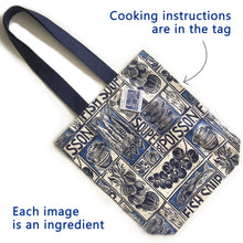 Load image into Gallery viewer, Fish Soup illustrated recipe long handled tote bag, comes with cooking instructions. lino cut print by Kate Guy
