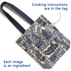 Fish Soup illustrated recipe long handled tote bag, comes with cooking instructions. lino cut print by Kate Guy