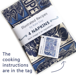 Fish Soup illustrated recipe set of four napkins, comes with cooking instructions. lino cut print by Kate Guy