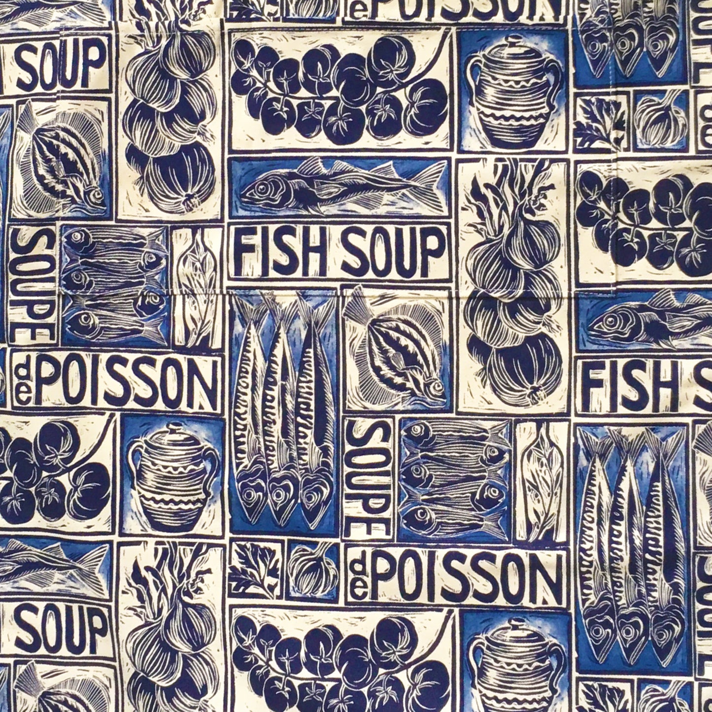 Fish Soup illustrated recipe adult apron with large pocket, comes with cooking instructions. lino cut print by Kate Guy