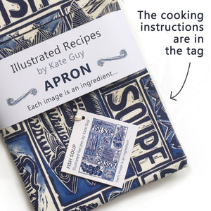 Fish Soup illustrated recipe adult apron with large pocket, comes with cooking instructions. lino cut print by Kate Guy