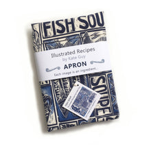 Load image into Gallery viewer, Fish Soup illustrated recipe adult apron with large pocket, comes with cooking instructions. lino cut print by Kate Guy
