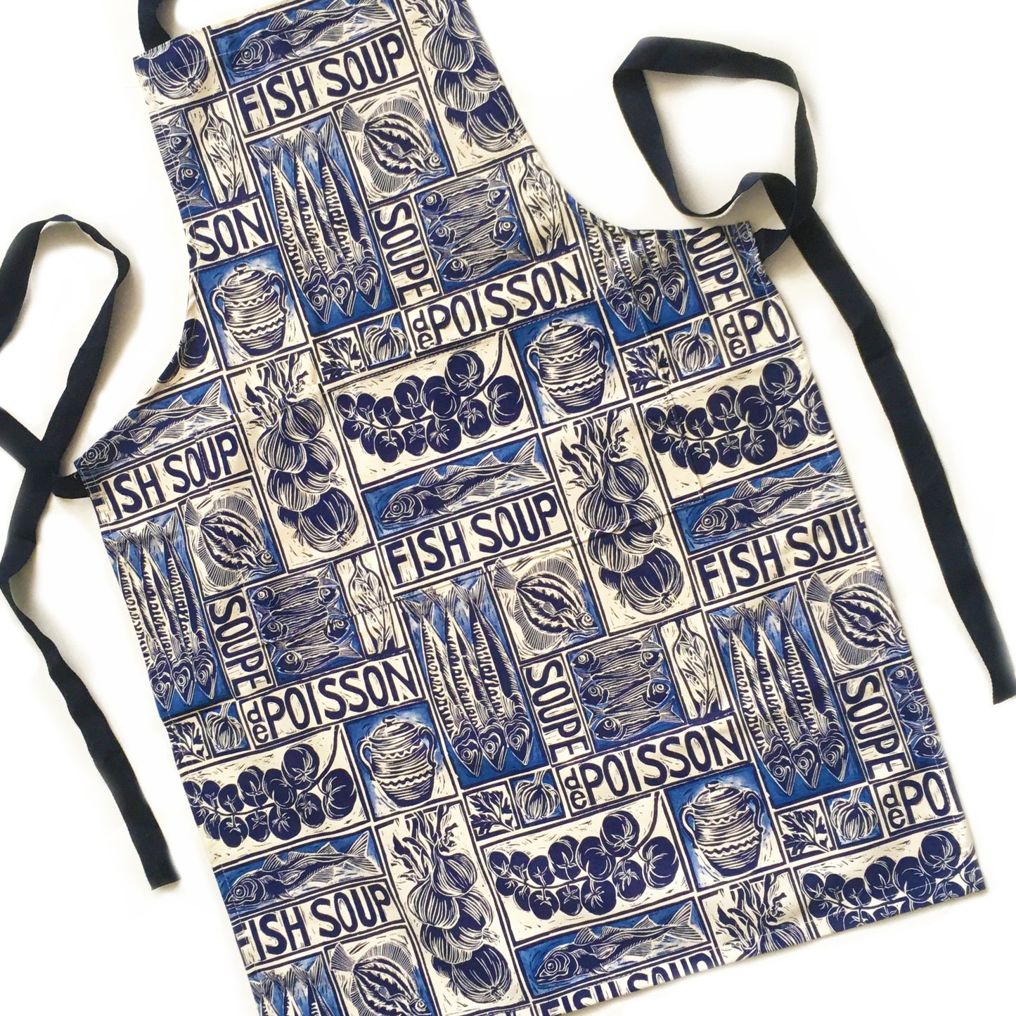 Fish Soup illustrated recipe adult apron with large pocket, comes with cooking instructions. lino cut print by Kate Guy