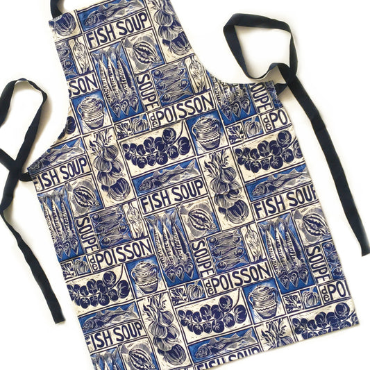 Fish Soup illustrated recipe adult apron with large pocket, comes with cooking instructions. lino cut print by Kate Guy