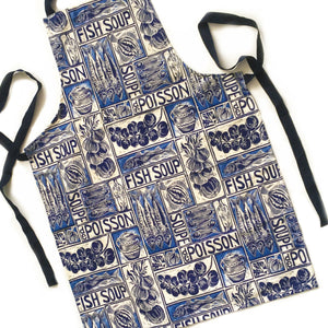 Fish Soup illustrated recipe adult apron with large pocket, comes with cooking instructions. lino cut print by Kate Guy