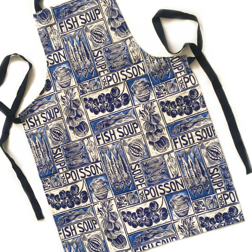 Fish Soup illustrated recipe adult apron with large pocket, comes with cooking instructions. lino cut print by Kate Guy